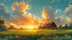 房子 鲜花 天空 云 夕阳风景桌面壁纸