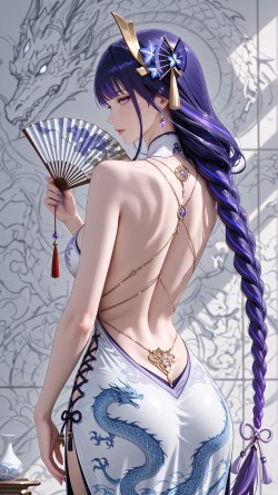 露背 旗袍 原神 国风 二次元 古风 游戏角色Ai绘画 龙