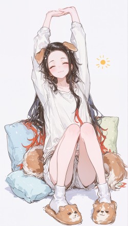 鬼灭之刃动漫二次元可爱壁纸，祢豆子居家女孩开心唯美