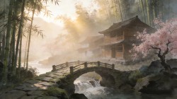 世外桃园 水墨风 竹林 小桥流水 木屋 桃花 风景桌面壁纸