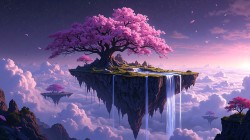 浮岛 樱花树 花瓣 瀑布 唯美风景桌面壁纸