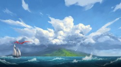 扬帆破浪 绿岛 云海 高清绘画风景桌面壁纸