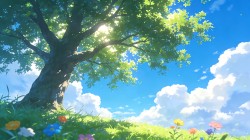 蓝天白云 绿色大树 绿草地 鲜花 小清新风景桌面壁纸