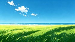 海边绿色草地清新风景桌面壁纸