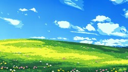 蓝天白云 花 草 天空 山丘 绘画风景高清桌面壁纸