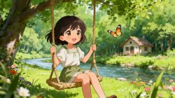 小女孩微笑地坐在挂藤上秋千桌面壁纸 无水印素材下载