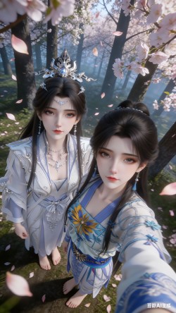 李慕婉X小周茹树林自拍，动漫国漫高清美女壁纸，豆包双人版美图