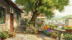 院子 小屋 树下 鲜花 绘画风景桌面壁纸
