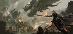建筑 披肩云 龙 画家 长发 废墟_紧身 天空 剑 破烂的衣服 武器 白发