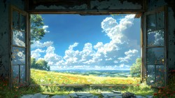 晴川万里 蓝天 白云 鲜花 树 风景桌面壁纸