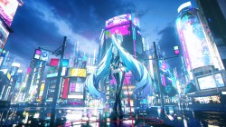 初音未来 背影 回头 天空 城市 道路 霓虹灯 超清电脑壁纸