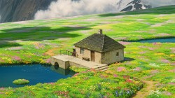 《哈尔的移动城堡》小屋 水 田野 宁静 花海 小路 动漫风景高清壁纸
