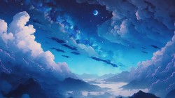 云 月亮 星夜 星星 山脉 风景壁纸