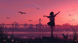 唯美黄昏 少女背影 眺望 城市 动漫壁纸