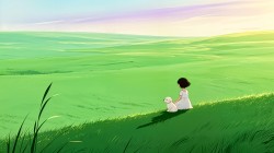 绿野 小女孩和小狗 清新绘画风景桌面壁纸