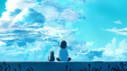女孩和猫背影 天空 云 鱼 唯美动漫风景超清壁纸