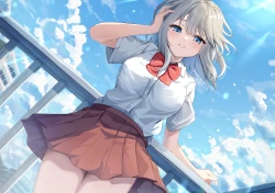 蓝眼睛 脸红 灰发 长发 屋顶 校服 裙子 天空