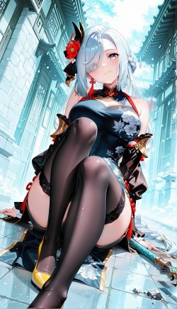 申鹤 原神 游戏同人AI二创 黑丝过膝袜 二次元美女大长腿