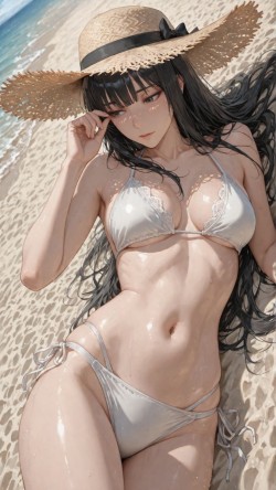 海边沙滩泳装 完美身材 草帽 颜值二次元美女 <strong>比基尼</strong>