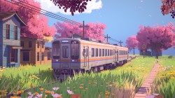 樱花 火车 房屋 云 天空 电线 花海 高清风景桌面壁纸
