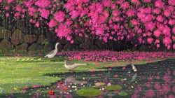池塘 睡莲 鹅 鸭子 粉色的花 倒影 手绘风景桌面壁纸