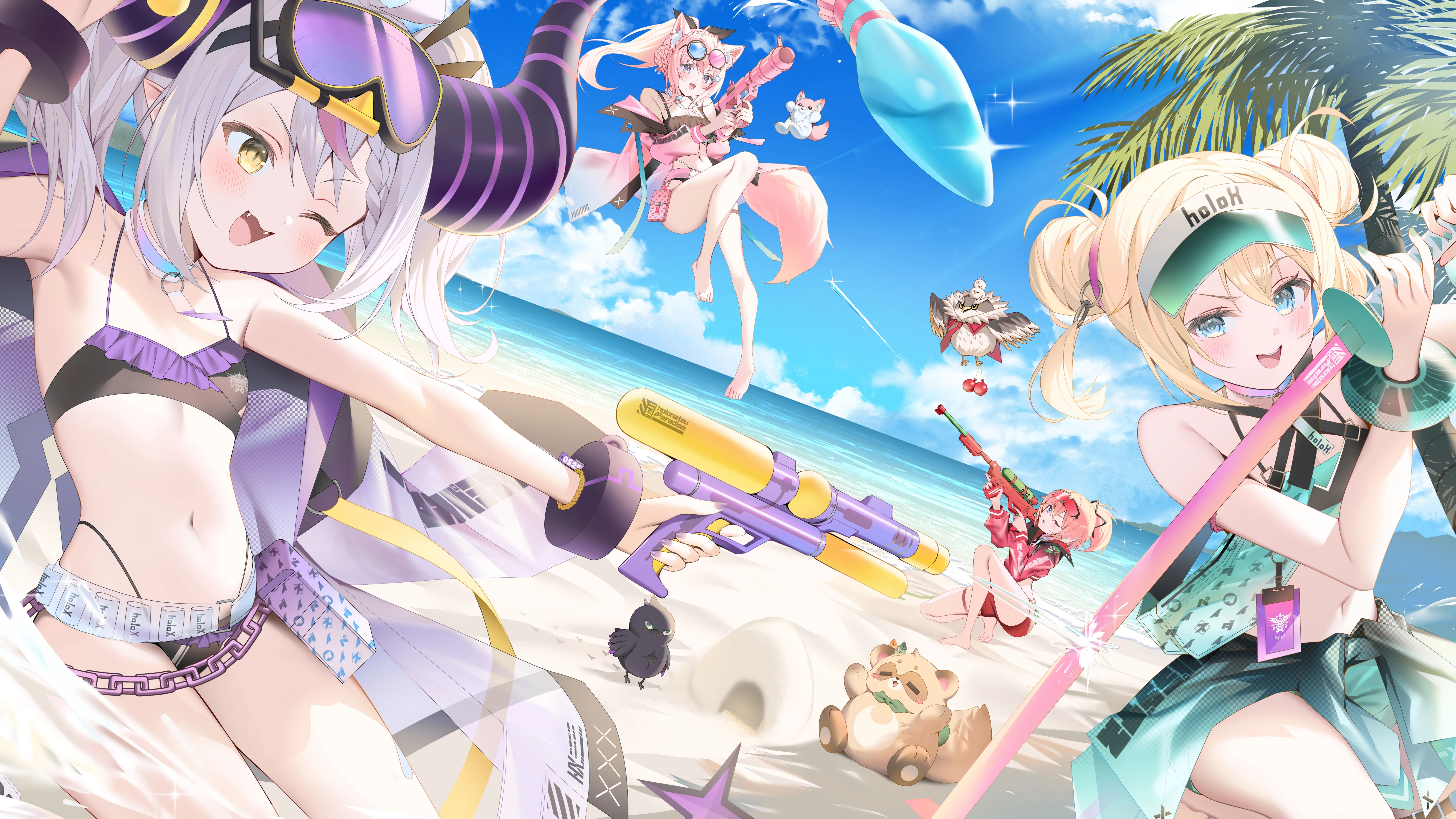 赤脚 海滩 比基尼 辫子 云 吊袜带 团体 枪 虚拟主播 牛角 肚脐 马尾 短裤 天空