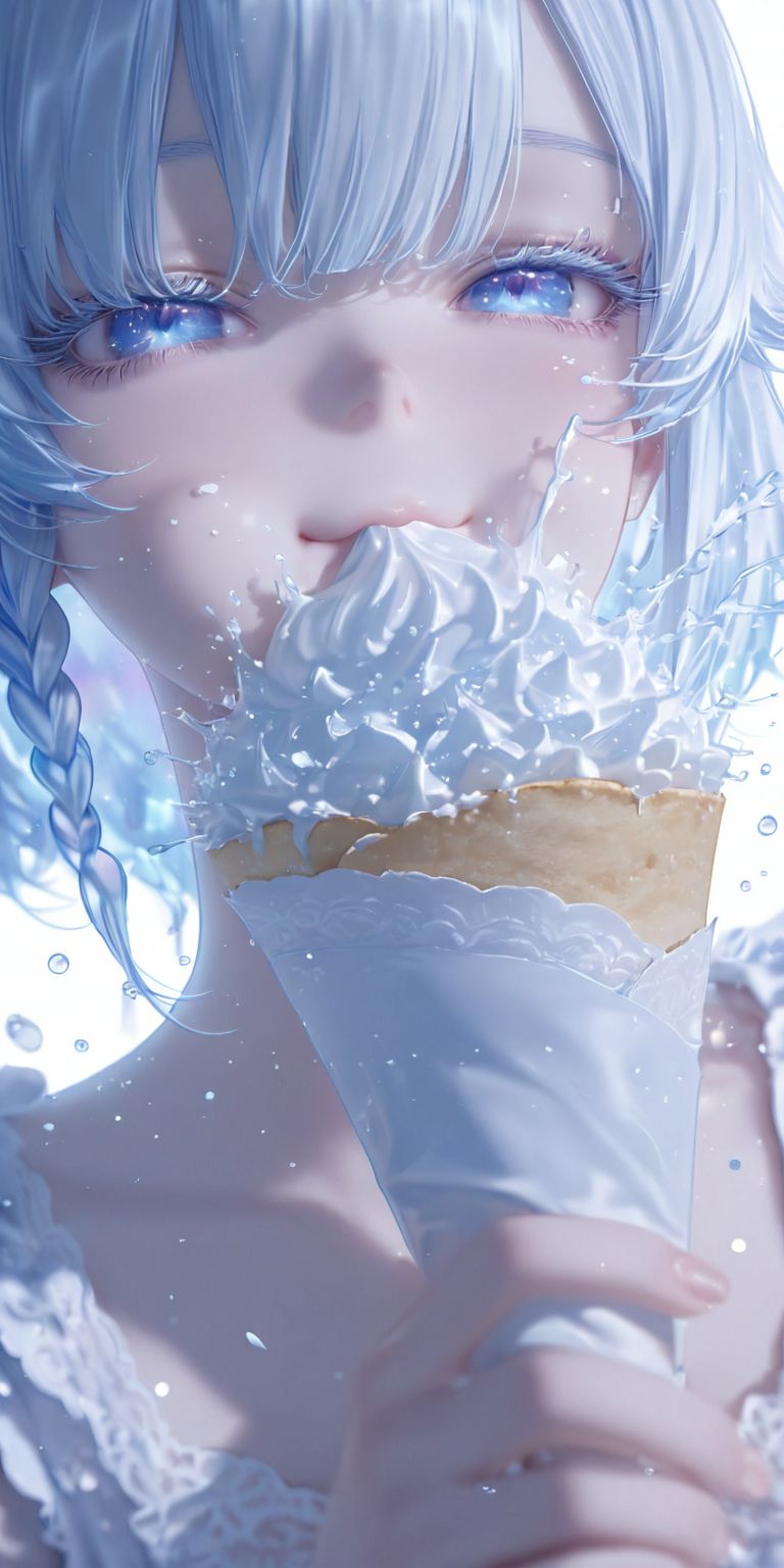 动漫壁纸 二次元少女 ai绘画 冰淇淋蛋糕 蓝色头发睫毛眼睛可爱