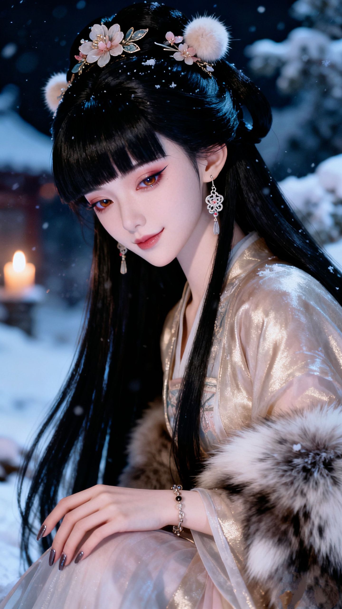 眉目含春，情瑟合意。美女古风造型雪景写真高清壁纸 AI创作