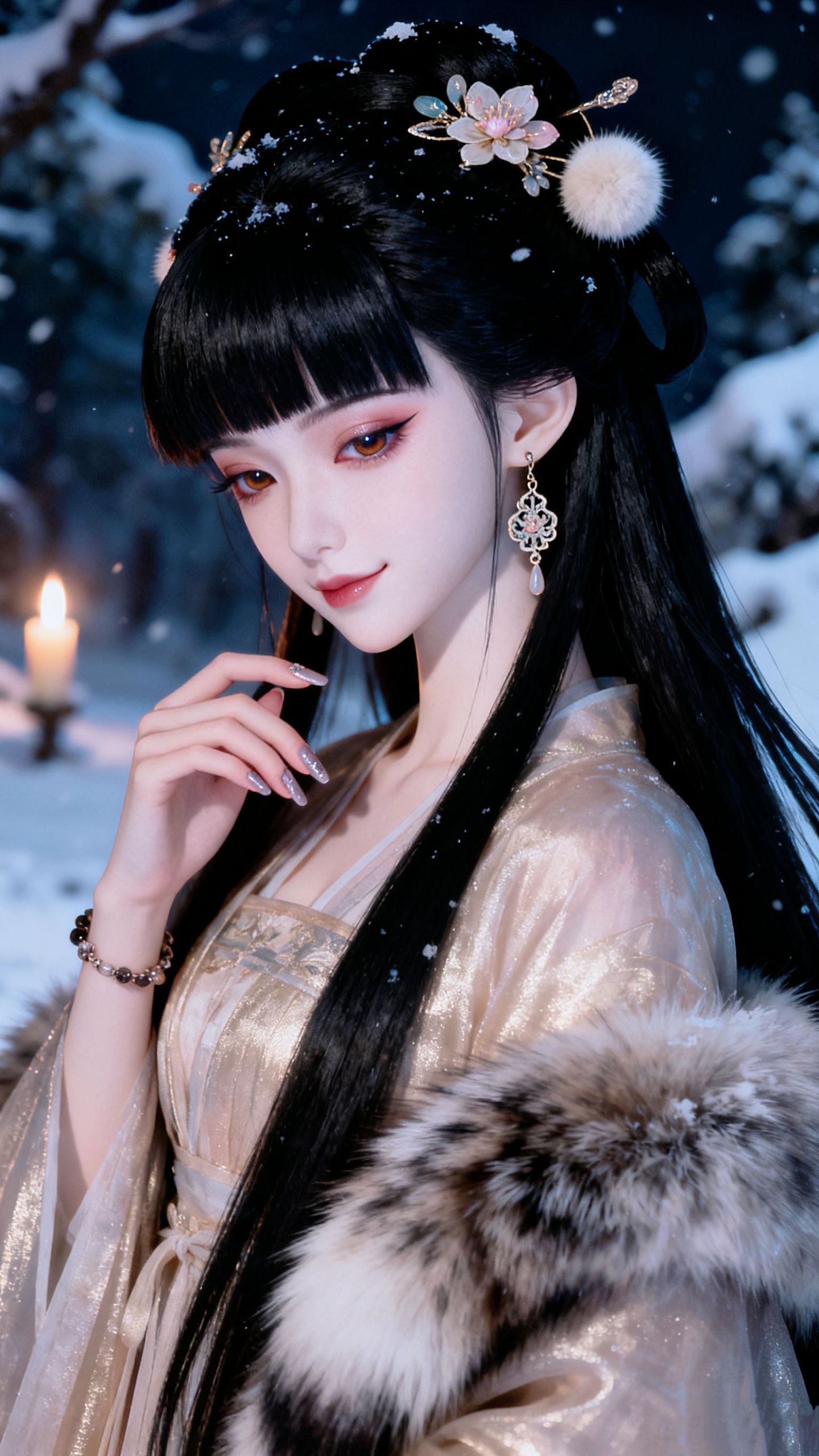 眉目含春，情瑟合意。美女古风造型雪景写真高清壁纸 AI创作