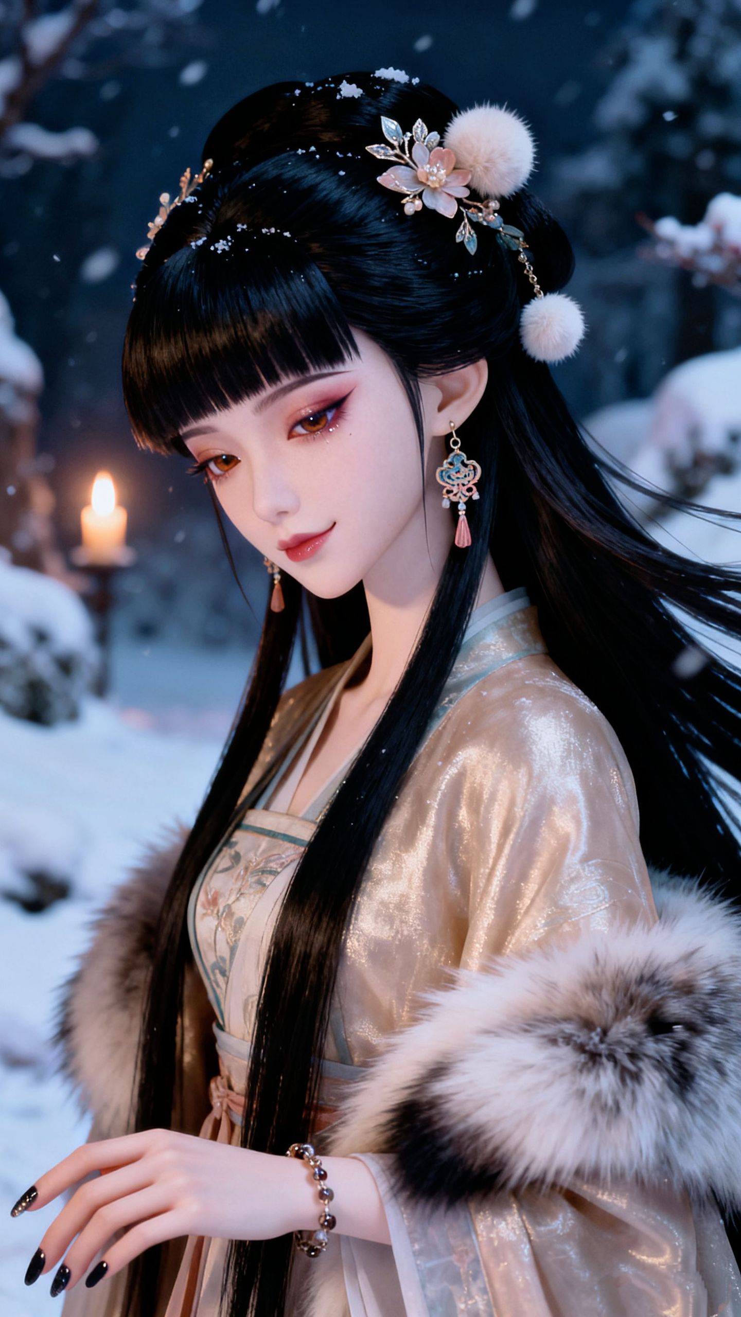 眉目含春，情瑟合意。美女古风造型雪景写真高清壁纸 AI创作