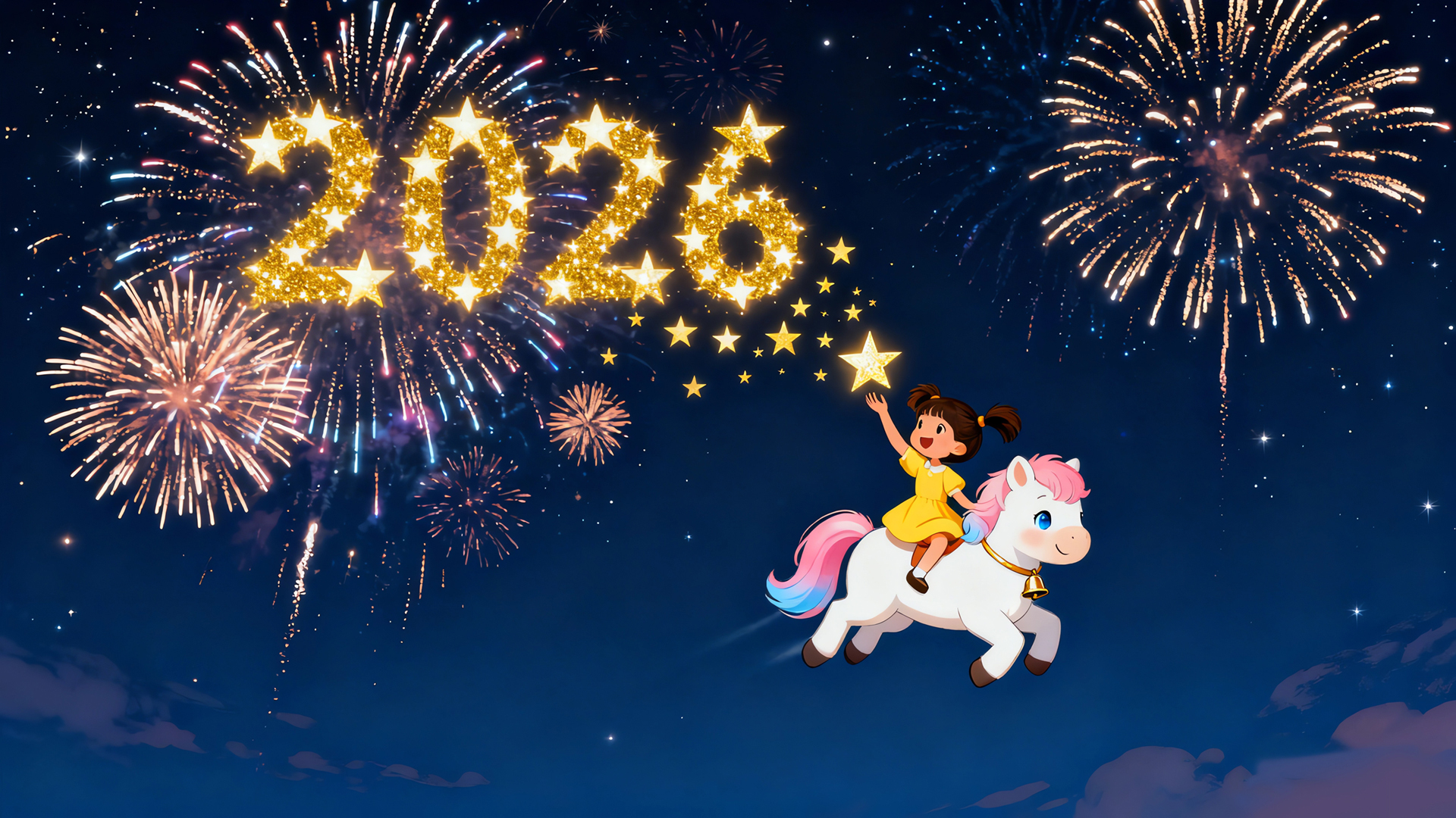 2026新年烟花天空飞马小女孩马年高清壁纸 音频素材、文字素材、字体素材