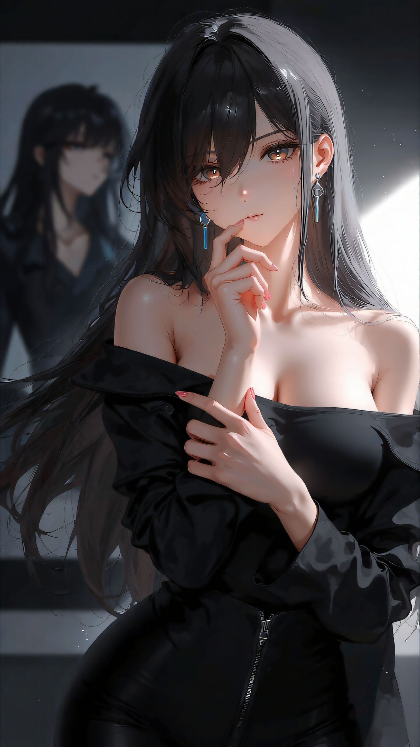 黑系露肩上衣氛围感颜值暴击 二次元美图插画美女分享