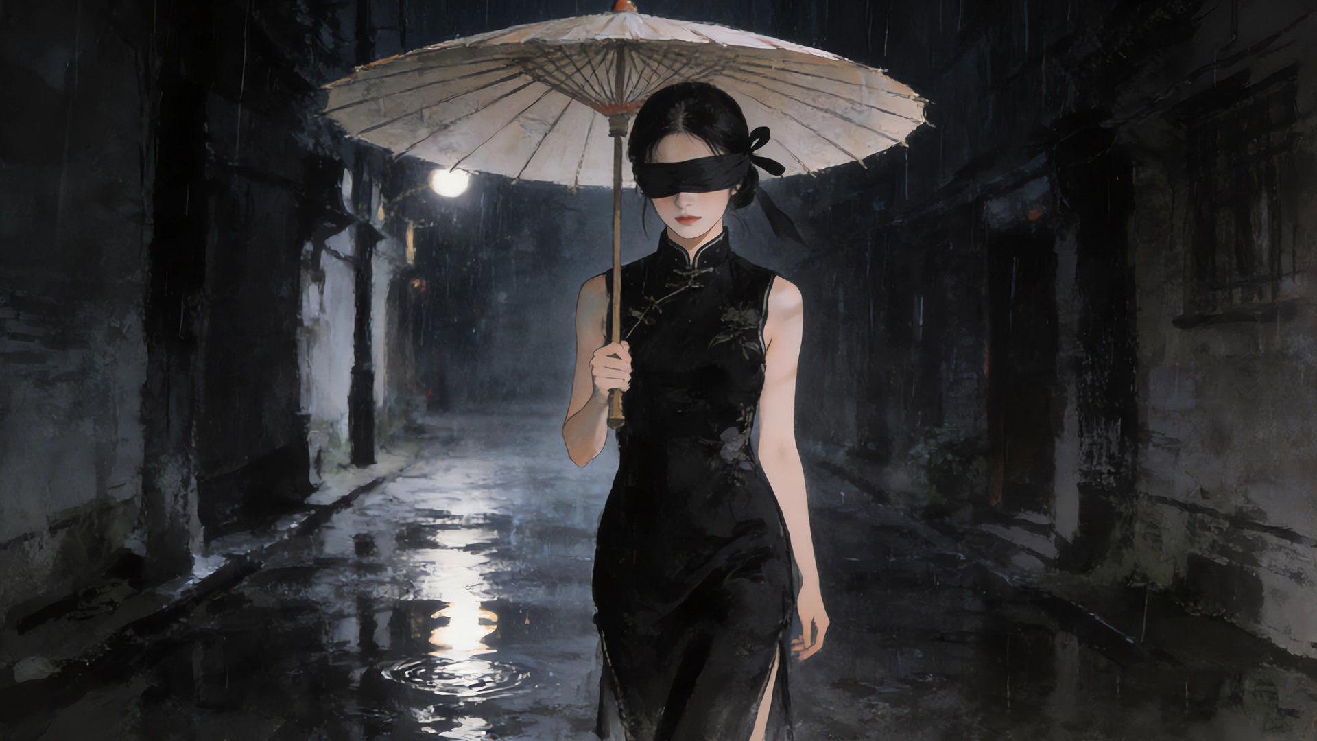 雨夜黑色旗袍美女蒙眼打伞灯光光影 高清晰高分辨率桌面电脑壁纸