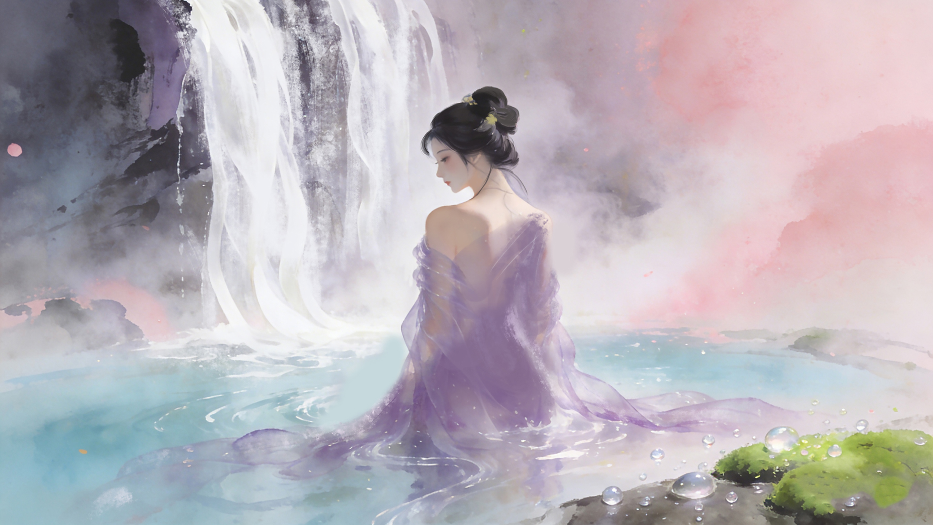 女孩背影唯美古风瀑布 电脑高清桌面壁纸