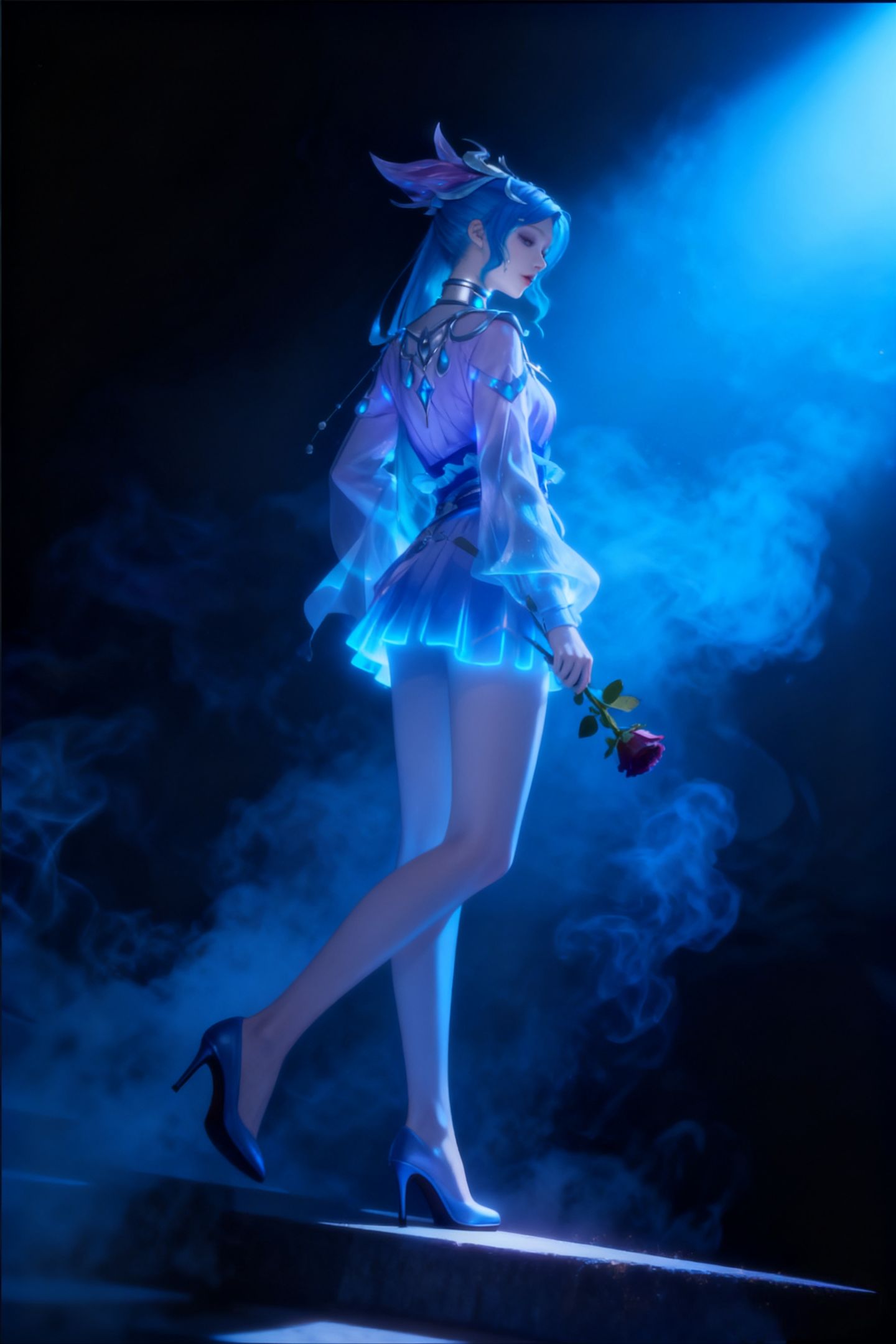 王者荣耀英雄黑夜光影氛围感，太帅了吧AI创作，裙子大长腿高跟鞋