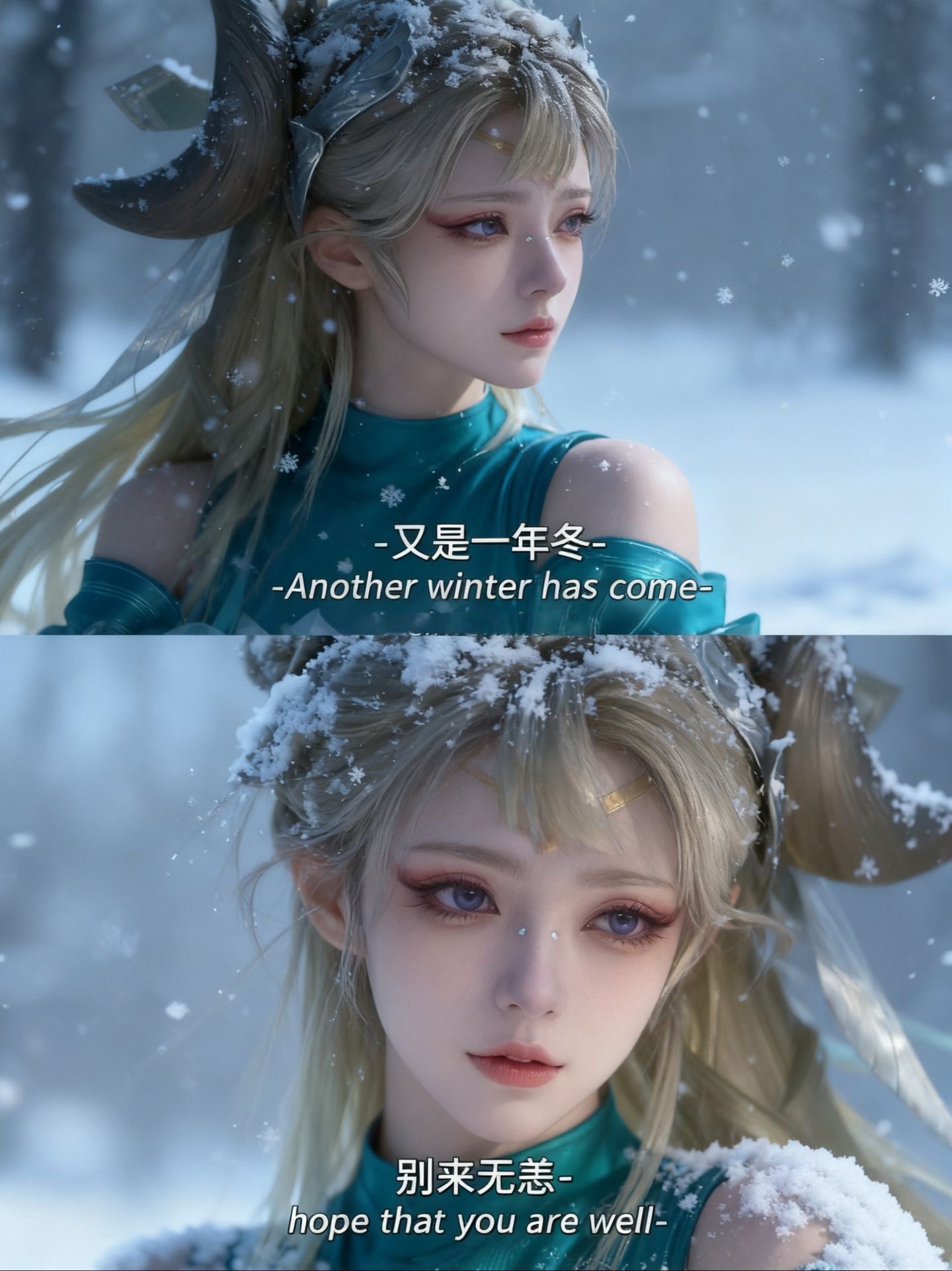 王者英雄冬日电影感叙事拼图，鲜活的身躯和细腻的表情AI创作（又是一年冬，别来无恙）