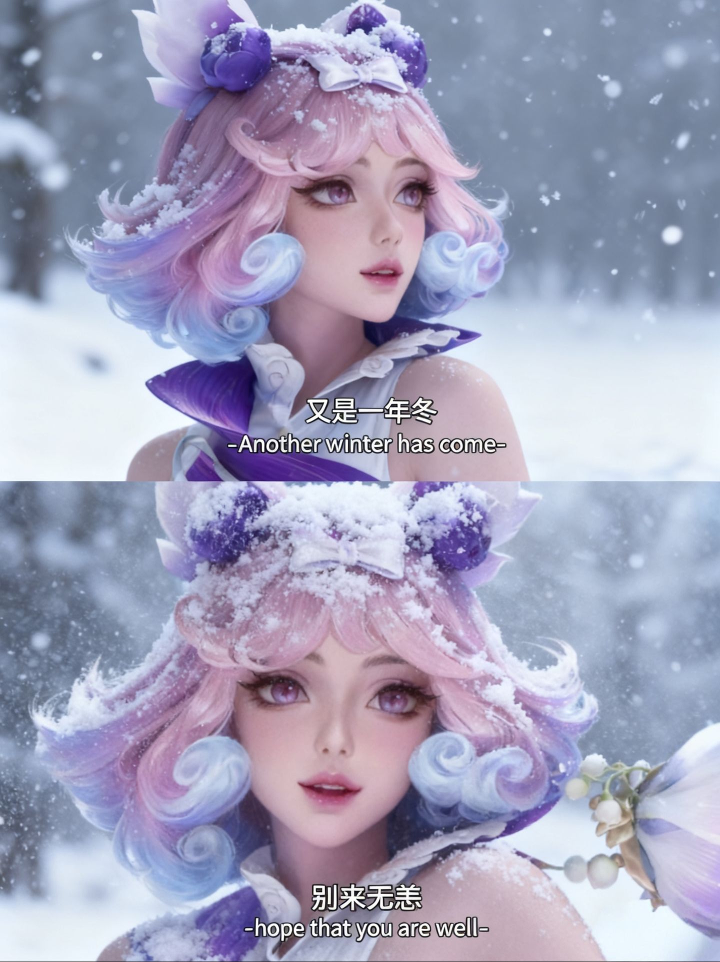 王者英雄冬日电影感叙事拼图，鲜活的身躯和细腻的表情AI创作（又是一年冬，别来无恙）