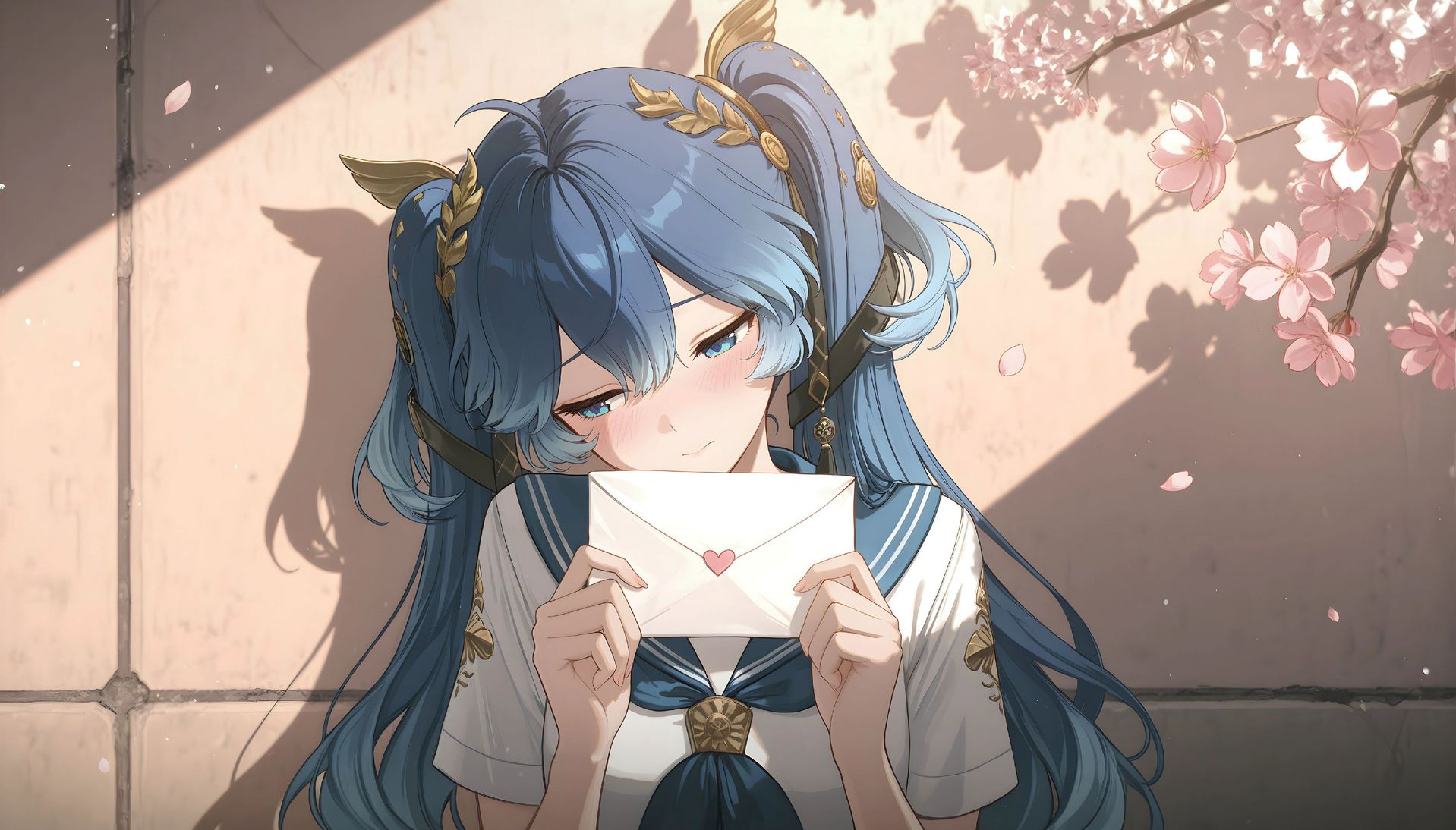 鸣潮千咲守岸人害羞脸红的情书,ai绘画电脑壁纸桌面壁纸,舒适美感高清