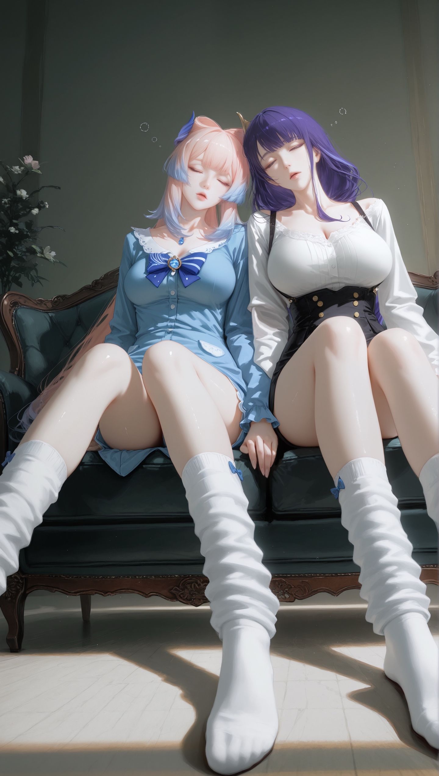 原神双人版美图，居家沙发温馨美感优美壁纸，大长腿御姐美女