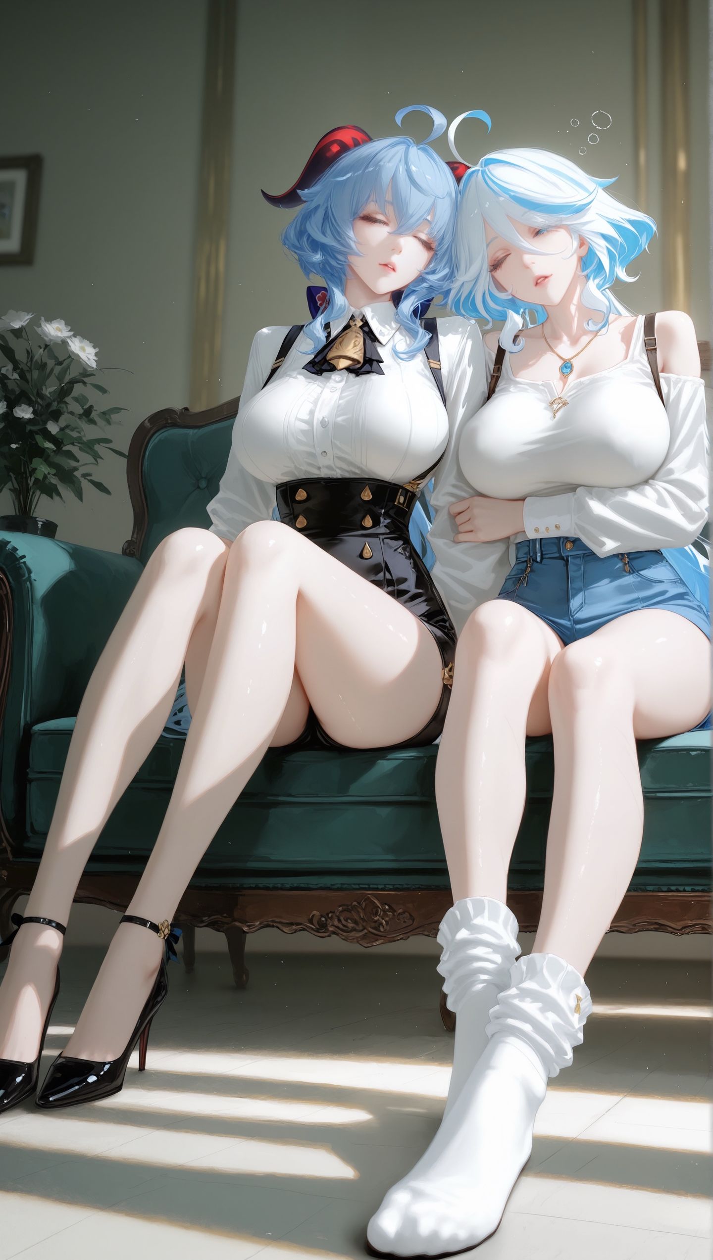 原神双人版美图，居家沙发温馨美感优美壁纸，大长腿御姐美女