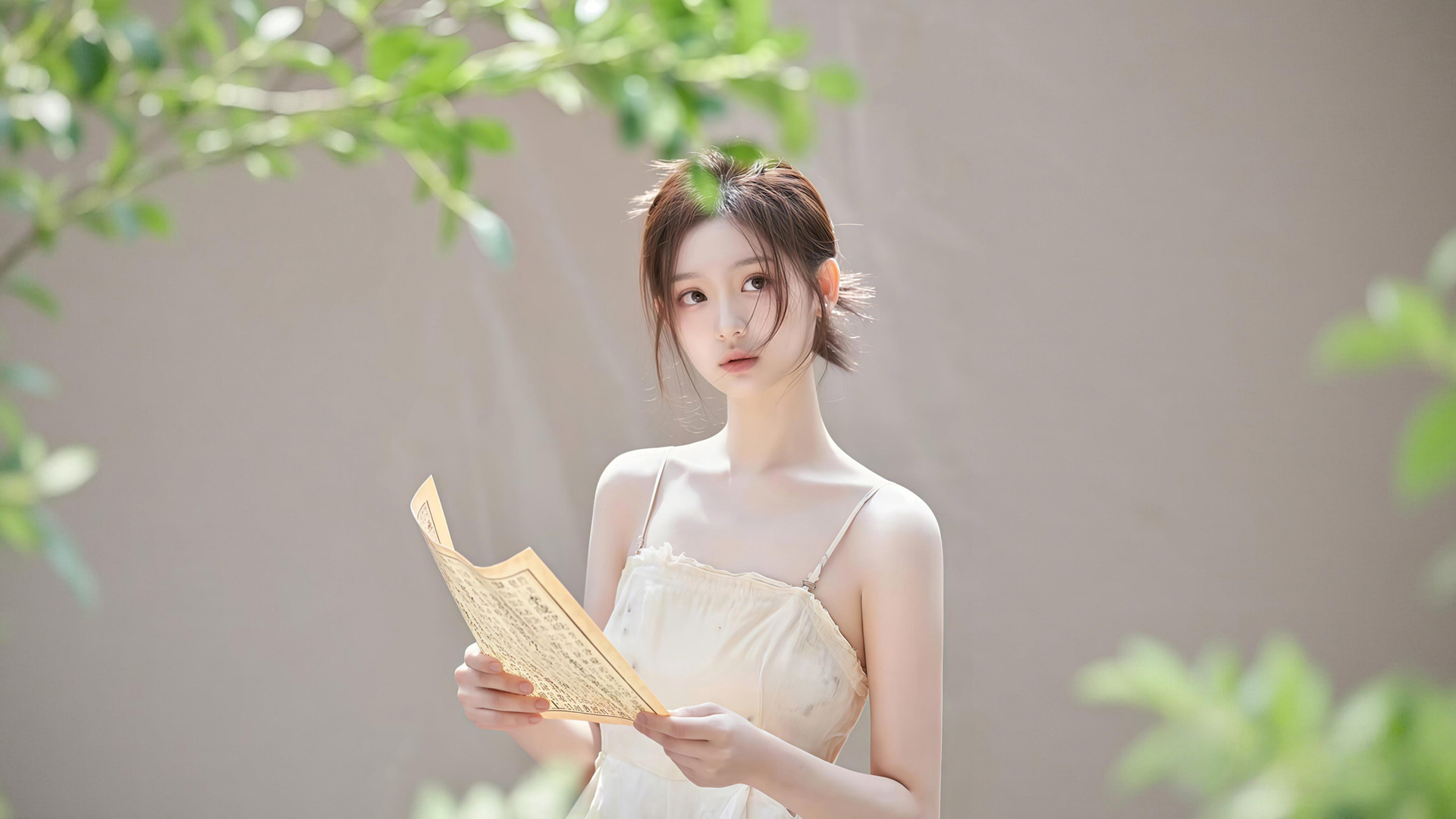 绿植背景 气质清纯美女 连衣裙 电脑壁纸