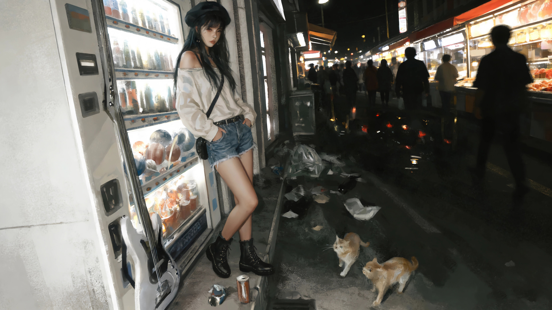 夜晚 美食街 女孩 帽子 动漫壁纸