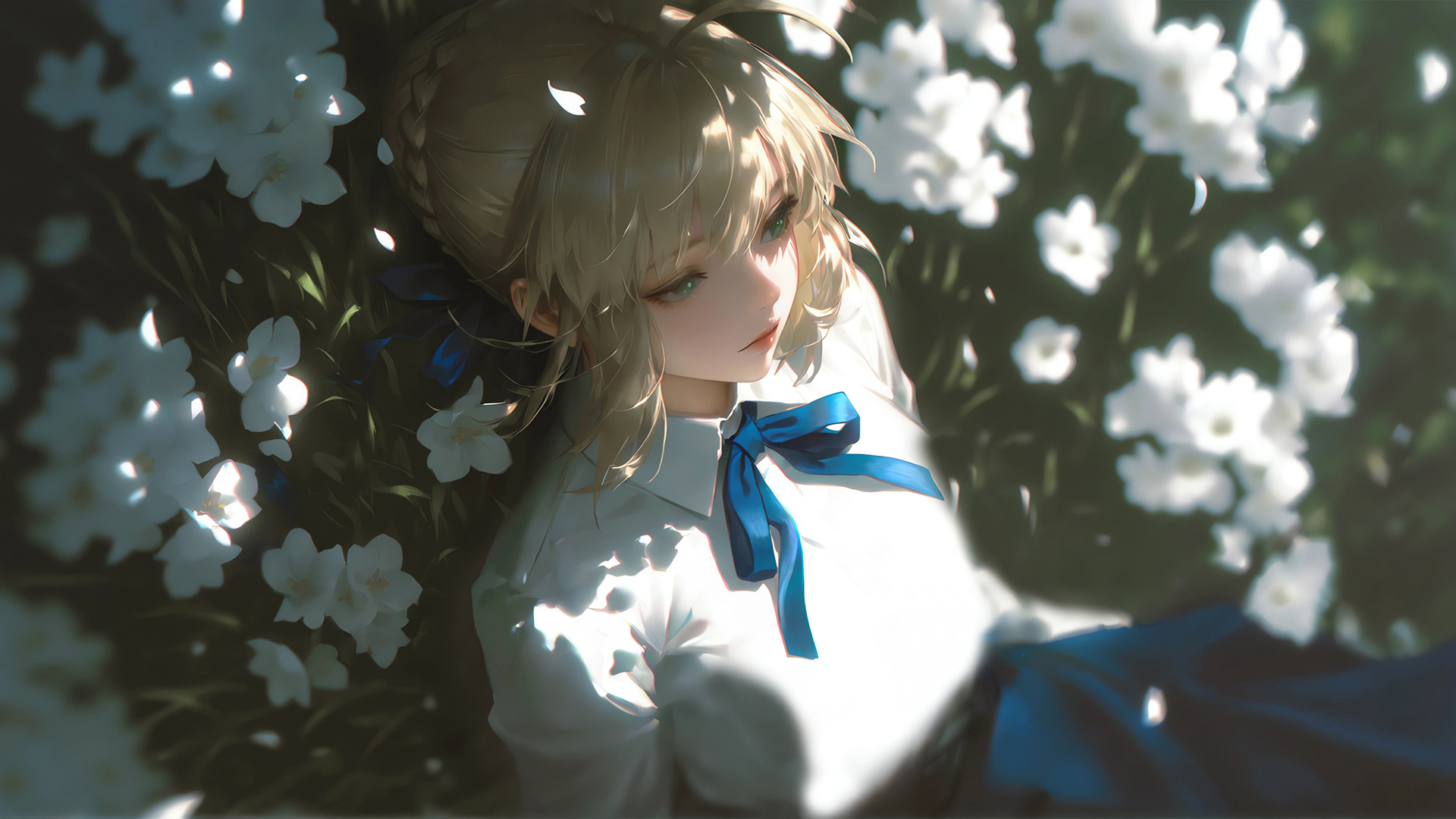 saber蓝蝴蝶结白衬衫 花间意 唯美Fate花海 高清壁纸,第1张