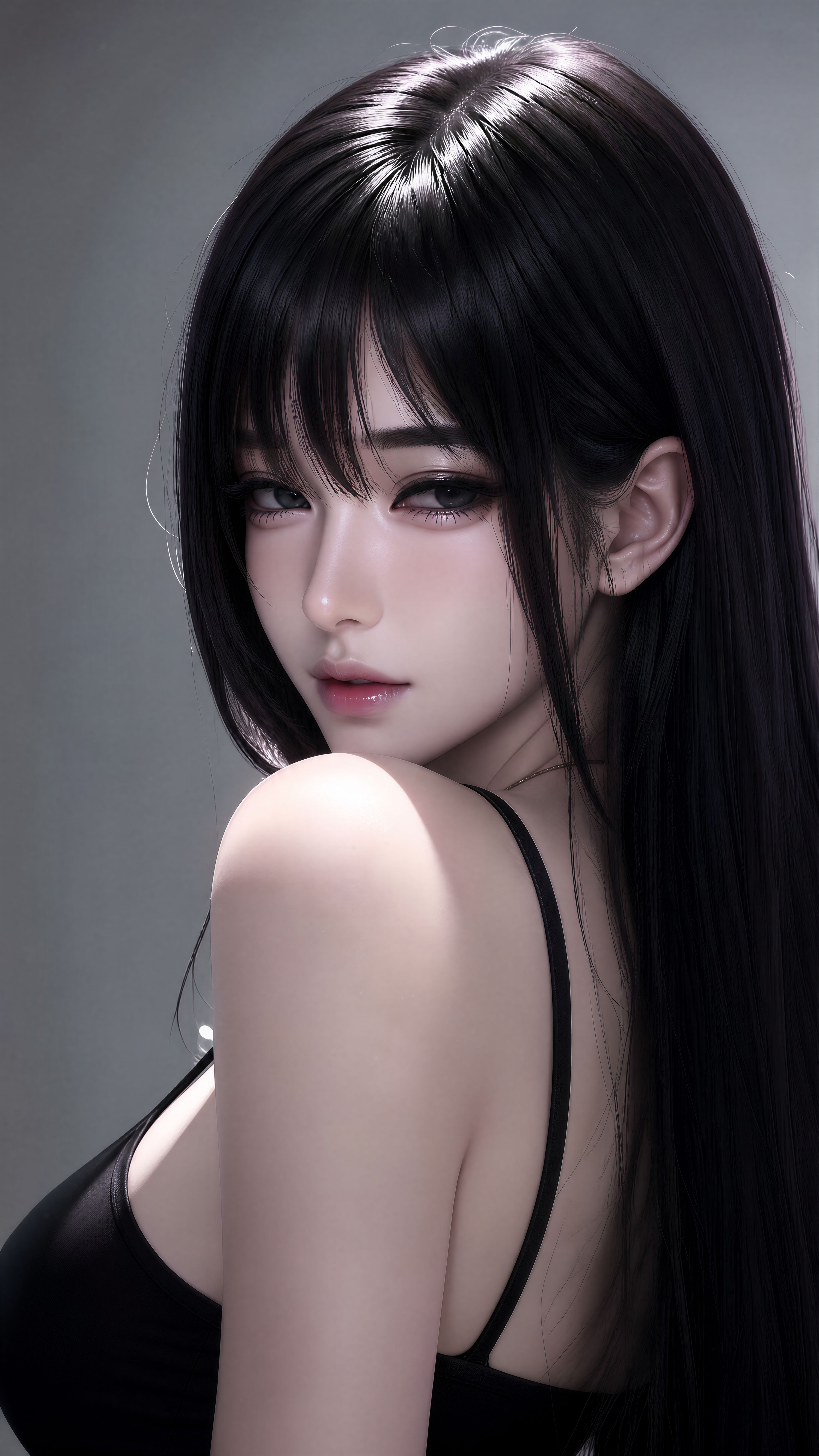 清冷高冷御姐 黑色系长发及腰颜值美女 AI美图 4K壁纸,第1张